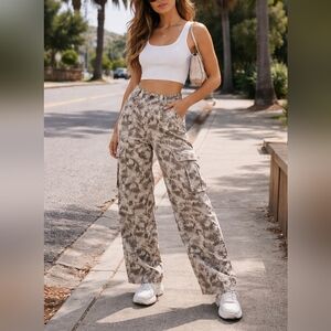 Refuge Tie-Dye Cargo Pants Beige Brown Cotton Blend Utility Wide Leg Streetwear